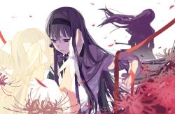 Rule 34 | 10s, 2girls, 3girls, akemi homura, black hairband, blurry, depth of field, empty eyes, floating hair, flower, gloves, hairband, half-closed eyes, hand on another&#039;s cheek, hand on another&#039;s face, kaname madoka, long hair, mahou shoujo madoka magica, mahou shoujo madoka magica: hangyaku no monogatari, multiple girls, outstretched hand, red ribbon, ribbon, spider lily, spoilers, two side up, ultimate madoka, very long hair, white background, white gloves, wind, zgxuke