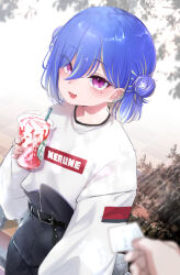 Rule 34 | 1girl, 1other, absurdres, belt, belt buckle, black belt, black pants, blue hair, blurry, blurry foreground, buckle, card, cup, day, disposable cup, double bun, frappuccino, green hair, hair bun, highres, holding, holding card, holding cup, jacket, long hair, long sleeves, looking at viewer, multicolored hair, nanashi inc., outdoors, pants, purple eyes, smile, starbucks, streaked hair, suzumi nemo, suzumi nemo (2nd costume), utsusumi kio, virtual youtuber, white jacket