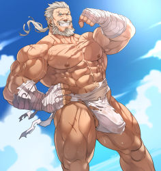 Rule 34 | 1boy, abs, bandages, bara, bare pectorals, beard, bulge, cloud, cloudy sky, collarbone, facial hair, feet out of frame, fundoshi, granblue fantasy, grey hair, grin, japanese clothes, large pectorals, large penis, male focus, male underwear, manly, muscular, mustache, navel, nipples, outdoors, pectorals, penis, penis peek, rybiok, scar, sky, smile, solo, soriz, thick thighs, thighs, torn clothes, underwear, white male underwear