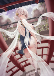 Rule 34 | 1girl, :/, absurdres, architecture, ass, azur lane, backless dress, backless outfit, blue dress, blue sky, blurry, blurry background, bob cut, breasts, china dress, chinese clothes, classic (zildjian33), cloud, commentary request, crop top, crop top overhang, dress, dutch angle, east asian architecture, flower, from behind, garter straps, gloves, golden rose, grey hair, hair flower, hair ornament, half gloves, high heels, highres, large breasts, looking at viewer, looking back, mountain, narrowed eyes, nipples, official alternate costume, pelvic curtain, red eyes, sirius (azur lane), sirius (azure horizons) (azur lane), sky, solo, thighhighs, white footwear, white gloves, white thighhighs