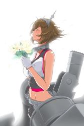 Rule 34 | 10s, 1girl, blush, bouquet, breasts, brown hair, chain, collar, collarbone, commentary request, derivative work, closed eyes, flower, funnel, gloves, headgear, kantai collection, large breasts, machinery, midriff, miniskirt, mita kurumi, mutsu (kancolle), navel, petals, short hair, simple background, skirt, smokestack, solo, turret, white background, white gloves