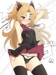 Rule 34 | 1girl, ^^^, absurdres, akatsuki uni, arm behind back, arm behind head, arm up, bare arms, bare shoulders, bat ornament, bat panties, black dress, black panties, black thighhighs, blush, breasts, clothes lift, commentary request, dress, dress lift, embarrassed, fang, fang out, groin, hair ornament, hairclip, highres, light brown hair, long hair, momio, multicolored clothes, multicolored dress, nose blush, one eye closed, panties, parted bangs, purple dress, side-tie panties, sleeveless, sleeveless dress, small breasts, solo, sweat, thighhighs, two side up, underwear, uni create, very long hair, virtual youtuber, wind, wind lift, zipper pull tab