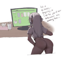 Rule 34 | 1girl, ass, at computer, blue hair, bottomless, censored, cropped legs, english text, facing away, female masturbation, from behind, gawr gura, grey hair, highres, hololive, hololive english, long hair, looking at screen, lube bottle, masturbation, monitor, mosaic censoring, multicolored hair, rule34.xxx, shirt, short sleeves, simple background, solo, streaked hair, t-shirt, tissue box, two side up, viewing pornography, virtual youtuber, white background, white shirt, wjs07