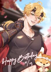 Rule 34 | 1boy, abs, archieloras, blonde hair, genshin impact, gloves, green eyes, hair between eyes, happy birthday, headband, highres, jewelry, long hair, midriff, muscular, muscular male, necklace, pectoral cleavage, pectorals, ponytail, shiba inu, smile, stomach, taroumaru (genshin impact), thoma (genshin impact)
