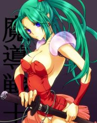 Rule 34 | 1990s (style), 1girl, belt, blue eyes, breasts, cleavage, earrings, covered erect nipples, female focus, final fantasy, final fantasy vi, green hair, h・a・jim, jewelry, large breasts, long hair, ponytail, sheath, shoulder pads, solo, tina branford
