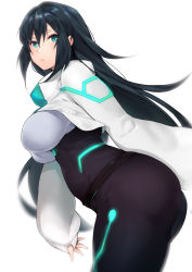 Rule 34 | 1girl, black bodysuit, black hair, bodysuit, breasts, cropped legs, furrowed brow, glowing, green eyes, gundam, gundam build divers, gundam build divers re:rise, highres, jacket, kurowa, large breasts, long hair, long sleeves, may (gundam build divers re:rise), popped collar, simple background, solo, white background, white jacket
