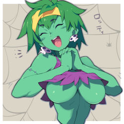 Rule 34 | 1girl, :d, ^ ^, breasts, closed eyes, colored skin, commentary request, crop top, earrings, green hair, green skin, grey background, hairband, jewelry, large breasts, metata, open mouth, own hands together, rottytops, shantae (series), short hair, skull earrings, smile, solo, two-tone background, white background, yellow hairband, zombie