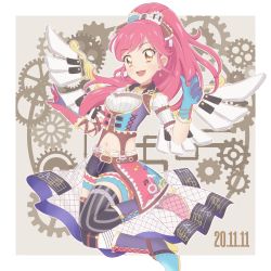Rule 34 | 1girl, aikatsu!, aikatsu! (series), boots, bow, earrings, flower earrings, gears, gloves, hair bow, highres, jewelry, jumping, leggings, long hair, looking at viewer, midriff, musical note, open mouth, otoshiro seira, penfish323, ponytail, red hair, short sleeves, smile, strap, wings, yellow eyes
