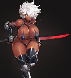 Rule 34 | 1girl, absurdres, arm guards, armor, bare shoulders, bikini armor, black background, boots, breasts, cleavage, closed mouth, collarbone, commentary request, curvy, dark elf, dark skin, elbow pads, elf, fingerless gloves, gloves, gradient background, gurimjang, hair over one eye, highres, holding, holding sword, holding weapon, huge breasts, large breasts, lips, looking at viewer, navel, original, pointy ears, shiny skin, short hair, simple background, solo, stomach, sword, thick thighs, thigh boots, thighs, weapon, white hair, wide hips, yellow eyes