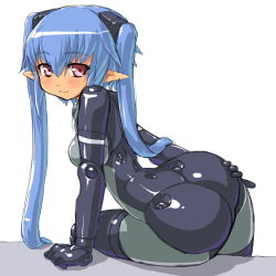 Rule 34 | 10s, 1girl, ass, bad id, bad pixiv id, blue hair, busou shinki, dd (ijigendd), doll joints, joints, light smile, long hair, looking at viewer, pink eyes, pointy ears, simple background, solo, strarf, twintails, very long hair