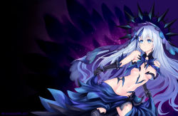 Rule 34 | 1girl, bare shoulders, black gloves, black thighhighs, blue bow, blue eyes, blue neckwear, blue skirt, bow, breasts, breasts apart, cowboy shot, crown, dark background, date a live, elbow gloves, gloves, groin, hair between eyes, hair bow, highres, hip focus, leaning forward, long hair, looking at viewer, loose clothes, loose skirt, medium breasts, navel, revealing clothes, sereneandsilent, silver hair, skirt, skirt hold, smile, solo, thighhighs, tobiichi origami, veil, very long hair