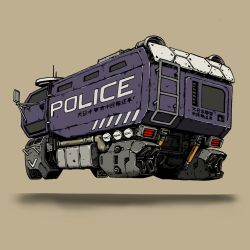 Rule 34 | absurdres, brown background, from behind, gottani, highres, hover vehicle, ladder, motor vehicle, no humans, original, police, rear-view mirror, science fiction, shadow, truck, vehicle focus