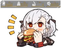 Rule 34 | + +, 1girl, amonitto, bow, burger, chibi, closed mouth, cropped torso, eating, food, food on face, gameplay mechanics, girls&#039; frontline, gloves, hair bow, hands up, holding, holding burger, holding food, notice lines, red eyes, short hair, single glove, solo, spas-12 (girls&#039; frontline), twintails, upper body, white background, white hair