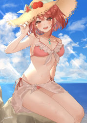 Rule 34 | 1girl, alternate costume, beach, bikini, blush, breasts, chest jewel, cleavage, cloud, collarbone, commentary request, day, earrings, flower, frilled bikini, frills, hat, hat flower, highres, jewelry, looking at viewer, medium breasts, mia cbx, navel, ocean, open mouth, outdoors, pyra (xenoblade), red bikini, red eyes, red flower, red hair, red rose, rose, sarong, short hair, signature, sitting, smile, solo, stomach, straw hat, sun hat, sunlight, swept bangs, swimsuit, teeth, upper teeth only, water, wet, xenoblade chronicles (series), xenoblade chronicles 2