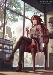 Rule 34 | 10s, 1girl, ahoge, bare shoulders, brown hair, cup, detached sleeves, from below, full body, gou (ga673899), hairband, haoni, high heels, indoors, japanese clothes, kantai collection, kongou (kancolle), crossed legs, long hair, nontraditional miko, sitting, smile, solo, teacup, thighhighs, tiered tray, watermark, window