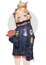 Rule 34 | 1girl, :o, abigail williams (fate), abigail williams (traveling outfit) (fate), bandaid, bandaid on face, bandaid on forehead, black bow, black jacket, blonde hair, blue eyes, blush, bow, bukurote, commentary request, cowboy shot, crossed bandaids, fate/grand order, fate (series), forehead, grey background, hair bow, hair bun, head tilt, heroic spirit traveling outfit, high collar, highres, jacket, long hair, long sleeves, looking at viewer, hugging object, official alternate costume, open mouth, orange bow, parted bangs, polka dot, polka dot bow, single hair bun, sleeves past fingers, sleeves past wrists, solo, standing, star (symbol), stuffed animal, stuffed toy, teddy bear, two-tone background, white background