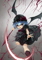Rule 34 | 1girl, absurdres, alternate color, ascot, bat wings, black hat, black shirt, black skirt, black socks, black wings, blue hair, fang, feet out of frame, gradient background, grey background, hat, highres, holding, holding polearm, holding weapon, looking at viewer, mob cap, open mouth, outstretched arm, outstretched hand, polearm, puffy short sleeves, puffy sleeves, pusan0918, red ascot, red eyes, remilia scarlet, shirt, short hair, short sleeves, skirt, socks, solo, spear the gungnir, touhou, weapon, wings