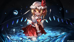 Rule 34 | 1girl, absurdres, black background, blonde hair, bubble, commentary, crystal, english commentary, flandre scarlet, full body, hat, hat ribbon, highres, medium hair, mob cap, one side up, red eyes, red ribbon, ribbon, signature, sitting, solo, top-exerou, touhou, white hat, wings