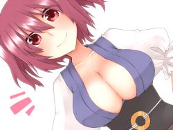 Rule 34 | 1girl, ^^^, bad id, bad pixiv id, blush, breasts, cleavage, coin, dutch angle, female focus, kishiro azuhito, large breasts, obi, onozuka komachi, red eyes, red hair, sash, short hair, smile, solo, touhou, twintails, two side up, upper body