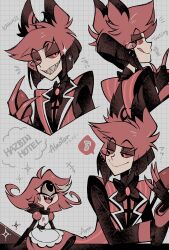 Rule 34 | 1boy, 1girl, alastor (hazbin hotel), animal ears, arublanche, bow, bowtie, claws, closed mouth, colored sclera, demon boy, demon girl, formal, grin, half-closed eyes, hazbin hotel, highres, looking at another, musical note, niffty (hazbin hotel), open mouth, red claws, red hair, red sclera, red suit, sharp teeth, short hair, smile, suit, teeth
