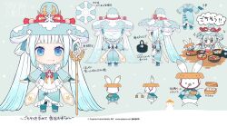 Rule 34 | 1girl, :q, animal, apron, aqua bow, aqua ribbon, azaka (pipponao), blue cape, blue eyes, blue footwear, blue hair, blue headwear, blue kimono, blunt bangs, bow, bowl, box, cape, carrying over shoulder, character name, character sheet, chibi, chopsticks, commentary, cooking pot, copyright notice, fish (food), food, food on face, frilled apron, frilled kimono, frills, from behind, from side, full body, gold trim, gradient hair, hat, hatsune miku, headwear request, highres, holding, holding chopsticks, japanese clothes, kappougi, kimono, large hat, light blue hair, long hair, meal, mouth hold, multicolored hair, mushroom, onigiri, plate, rabbit, rabbit yukine, ribbon, rice, rice (plant), rice bowl, rice on face, rope, sandals, sashimi, shamoji, shiitake, smile, snowflake print, snowman, sparkling eyes, staff, stalk in mouth, straw hat, sushi, tongue, tongue out, twintails, very long hair, vocaloid, white apron, white bow, white hair, white ribbon, yuki miku, zouri