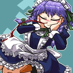Rule 34 | 1girl, aika (cookie), amerika zarigani, apron, blood, blue dress, blush, braid, breasts, buttons, carrot, closed eyes, closed mouth, commentary request, cookie (touhou), dress, feet out of frame, frilled dress, frills, green ribbon, hair ribbon, hands on own cheeks, hands on own face, highres, izayoi sakuya, long hair, maid, maid apron, maid headdress, medium breasts, neck ribbon, nosebleed, purple hair, ribbon, smile, solo, thigh strap, touhou, twin braids, waist apron, white apron
