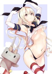 Rule 34 | 1girl, black hairband, black panties, blonde hair, border, breasts, commentary request, cowboy shot, crop top, grey background, hairband, highleg, highleg panties, highres, kantai collection, long hair, no pants, panties, red eyes, rensouhou-chan, shimakaze (kancolle), small breasts, solo, striped clothes, striped thighhighs, suwakana, thighhighs, two-tone background, underboob, underwear, white border