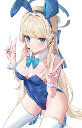 Rule 34 | 1girl, animal ears, aqua bow, aqua bowtie, bare shoulders, blonde hair, blue archive, blue bow, blue eyes, blue footwear, blue halo, blue leotard, blue nails, blush, bow, bowtie, breasts, cleavage, closed mouth, commentary, covered navel, detached collar, double v, earpiece, expressionless, fake animal ears, fake tail, full body, hair bow, hair intakes, halo, high heels, highres, hiragi 1014, leotard, long hair, looking at viewer, medium breasts, nail polish, official alternate costume, playboy bunny, rabbit ears, rabbit tail, sidelocks, simple background, solo, squatting, strapless, strapless leotard, tail, thighhighs, toki (blue archive), toki (bunny) (blue archive), v, very long hair, white background, white thighhighs, wing collar, wrist cuffs