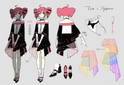 Rule 34 | 1girl, ahoge, ankle socks, asymmetrical clothes, asymmetrical skirt, black bow, black bowtie, black footwear, black skirt, black sleeves, bow, bowtie, buttons, character name, character sheet, collared shirt, colored shoe interior, drill hair, earrings, english text, formal, gloves, grey background, hair between eyes, high collar, high heels, interlocked fingers, jewelry, kasane teto, knees apart feet together, layered skirt, light smile, looking at viewer, miku symphony (vocaloid), multiple views, off shoulder, official alternate costume, official art, outstretched hand, own hands together, pleated skirt, red eyes, red hair, rella, see-through, see-through skirt, shirt, shoes, unworn shoes, sidelocks, simple background, skirt, socks, standing, turnaround, twin drills, twintails, utau, vocaloid, white gloves, white shirt, white socks