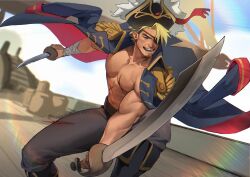 Rule 34 | 1boy, abs, absurdres, bara, bara pirate, bare pectorals, biceps, blonde hair, coat, coat on shoulders, commission, fighting stance, hat, highres, holding, holding sword, holding weapon, kuroshima kurishiro (muyi24108414), male focus, muscular, muscular male, navel, original, pants, pectorals, pirate, pirate hat, scar, scar on chest, scar on stomach, short hair, sideburns, smile, solo, stomach, sword, weapon
