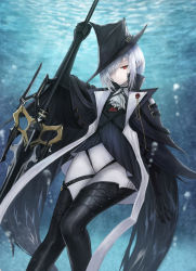 Rule 34 | 1girl, absurdres, arknights, ascot, black cape, black dress, black gloves, black headwear, black thighhighs, cape, commentary, dress, feet out of frame, gladiia (arknights), gloves, hair over one eye, hat, highres, holding, holding polearm, holding weapon, looking at viewer, m2013sachi, pants, pointy ears, polearm, red eyes, silver hair, thighhighs, tight clothes, tight pants, tricorne, underwater, weapon, white ascot, white pants