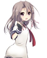Rule 34 | 1girl, :d, alternate costume, alternate hairstyle, amano kouki, black gloves, brown hair, clenched hand, cosplay, dress, fingerless gloves, gloves, hair ribbon, highres, kantai collection, long hair, looking at viewer, murakumo (kancolle), murakumo (kancolle) (cosplay), neckerchief, open mouth, pantyhose, purple eyes, ribbon, sailor collar, sailor dress, sidelocks, simple background, smile, solo, white background, zuihou (kancolle)