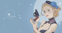 Rule 34 | 1girl, bare shoulders, blonde hair, blue eyes, blue nails, breasts, cleavage, earrings, english text, gun, handgun, hat, jewelry, lan se fangying, lipstick, looking at viewer, makeup, nail polish, original, revolver, solo, star (symbol), upper body, weapon