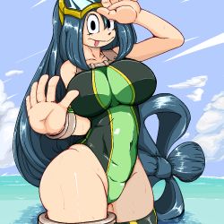 Rule 34 | 10s, 1girl, asui tsuyu, bare shoulders, black eyes, black hair, boku no hero academia, breasts, curvy, female focus, frog girl, highleg, highleg swimsuit, large breasts, long hair, looking at viewer, one-piece swimsuit, partially submerged, salute, shiny skin, smile, solo, swimsuit, uirou-zazami, water