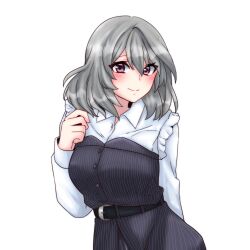Rule 34 | 1girl, arm behind back, assault lily, belt, belt buckle, black belt, black dress, blush, breasts, buckle, buttons, closed mouth, collared shirt, commentary request, dress, frilled shirt, frills, grey hair, hair between eyes, hand up, hata matsuri, highres, long sleeves, looking at viewer, medium breasts, medium hair, purple eyes, shirt, simple background, smile, solo, standing, strapless, strapless dress, striped clothes, striped dress, tora (yoaq151bibozrrb), upper body, vertical-striped clothes, vertical-striped dress, white background, white shirt