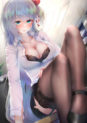 Rule 34 | 1girl, azur lane, bad id, bad twitter id, black bra, black footwear, black garter straps, black skirt, blue eyes, bra, bra peek, breasts, brown thighhighs, cleavage, collared shirt, eyes visible through hair, from below, garter straps, highres, imo bouya, indoors, lace, lace-trimmed legwear, lace trim, large breasts, long hair, looking at viewer, miniskirt, office, office lady, partially unbuttoned, pencil skirt, shirt, shoes, shoukaku (azur lane), skirt, solo, thighhighs, underwear, very long hair, white hair, white shirt