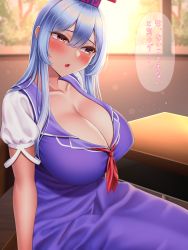 Rule 34 | 1girl, absurdres, backlighting, blue dress, blue hat, blurry, blurry background, blush, bokeh, breasts, collarbone, depth of field, desk, dress, hair between eyes, hat, head tilt, highres, huge breasts, indoors, kamishirasawa keine, light particles, looking away, mimasi osuwari, neckerchief, open mouth, pinafore dress, pink eyes, puffy short sleeves, puffy sleeves, red neckerchief, short sleeves, sidelocks, sitting, sleeveless, sleeveless dress, solo, sweat, touhou, translation request