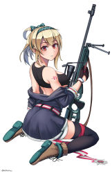 Rule 34 | 1girl, absurdres, bare shoulders, black gloves, black tank top, black thighhighs, blue jacket, bolt action, boots, bow, breasts, brown footwear, brown hair, commentary request, crop top, cross-laced footwear, full body, girls&#039; frontline, gloves, green bow, green hairband, gun, hair between eyes, hair bow, hairband, highres, holding, holding gun, holding weapon, jacket, lace-up boots, large breasts, long hair, long sleeves, looking at viewer, looking back, ndtwofives, off shoulder, open clothes, open jacket, parted lips, ponytail, red eyes, rifle, shoe soles, simple background, sitting, sniper rifle, solo, sv-98, sv-98 (girls&#039; frontline), tank top, thighhighs, underboob, wariza, weapon, white background
