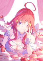 Rule 34 | 1girl, absurdres, ahoge, akausuko, alternate costume, ankle garter, blue eyes, blush, bow, bowtie, breasts, cake, cake slice, candy, candy print, cleavage, commentary request, cream, cream on face, cross-laced clothes, cupcake, detached collar, detached sleeves, dress, eating, feet up, food, food on face, fork, fruit, go-toubun no hanayome, hair ornament, happy, highres, holding, holding fork, large breasts, long hair, lying, nakano itsuki, on stomach, one eye closed, print dress, red hair, short sleeves, sleeveless, sleeveless dress, smile, star (symbol), star hair ornament, strawberry, sweets, white bow, white bowtie, white dress