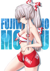 Rule 34 | 1girl, bandeau, bare arms, bare shoulders, bikini, bow, breasts, character name, cleavage, collarbone, commentary request, cowboy shot, front-tie bikini top, front-tie top, fujiwara no mokou, hair bow, highres, long hair, looking at viewer, medium breasts, nori tamago, ponytail, red eyes, red shorts, short shorts, shorts, sidelocks, silver hair, solo, standing, stomach, strapless, strapless bikini, swimsuit, thighs, touhou, white background, white bikini, white bow