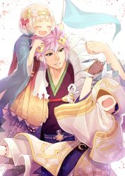 Rule 34 | 1boy, 1girl, 1other, blue eyes, brother and sister, brown gloves, closed eyes, fire emblem, fire emblem heroes, flag, gloves, grin, hair ornament, highres, holding, holding flag, hood, hood up, hrid (fire emblem), japanese clothes, kimono, kiran (fire emblem), long sleeves, nakabayashi zun, nintendo, open mouth, robe, sandals, short hair, siblings, simple background, sitting on shoulder, smile, spiked hair, tabi, white background, white hair, wide sleeves, ylgr (fire emblem)