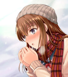 Rule 34 | 1girl, black eyes, breath, brown hair, cold, from side, hair between eyes, hat, highres, inanaki shiki, long hair, looking away, md5 mismatch, original, plaid, plaid scarf, red scarf, scarf, solo, upper body