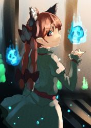Rule 34 | 1girl, animal ears, bow, braid, dress, fang, female focus, from behind, green dress, hair bow, hashiro, highres, hitodama, kaenbyou rin, red eyes, red hair, smile, solo, touhou, twin braids