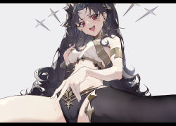 Rule 34 | 1girl, :d, absurdres, armlet, bankongping, bikini, black bikini, black bow, black hair, black thighhighs, bow, breasts, cameltoe, commentary, crotch, curly hair, earrings, fate/grand order, fate (series), from below, gold, grey background, hair bow, hand on own chest, highres, hoop earrings, ishtar (fate), jewelry, letterboxed, light blush, long hair, looking at viewer, medium breasts, mismatched bikini, mole, mole on thigh, open mouth, parted bangs, red eyes, simple background, single thighhigh, sitting, smile, solo, split, spread legs, sweatdrop, swimsuit, teeth, thighhighs, thighs, underwear, upper teeth only, very long hair, white bikini