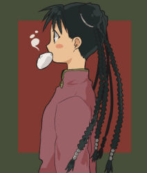 Rule 34 | 1girl, aged up, black eyes, black hair, blush stickers, braid, chinese clothes, dumpling, food, green background, long hair, looking away, lowres, may chang, multiple braids, red background, riru, solo, solo focus, steam