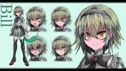 Rule 34 | 1boy, :d, bill (black souls), black bow, black bowtie, black souls, black thighhighs, bow, bowtie, brown footwear, character sheet, closed mouth, dress, earrings, expressions, eyeshadow, full body, green dress, green hair, grey hairband, hairband, highres, jewelry, juliet sleeves, koshou shou mitsu, long sleeves, looking at viewer, looking down, makeup, open mouth, pink eyeshadow, pout, puffy sleeves, shaded face, short hair, simple background, smile, teeth, thighhighs, trap, upper teeth only, yellow eyes