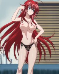 Rule 34 | 10s, 1girl, black panties, breasts, high school dxd, large breasts, long hair, nipples, panties, red hair, rias gremory, solo, standing, stitched, third-party edit, topless, underwear