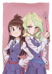 Rule 34 | 10s, 2girls, angry, blue eyes, blush, brown hair, diana cavendish, frown, green hair, hand on own hip, hands on own hips, highres, kagari atsuko, little witch academia, long hair, long sleeves, looking at another, multiple girls, neck ribbon, pink background, red eyes, ribbon, school uniform, sidelocks, skirt, tama (tama-s), wand