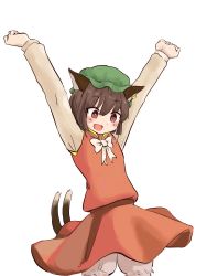 Rule 34 | 1girl, animal ears, arms up, bloomers, blush, bow, bowtie, bright pupils, brown hair, cat ears, cat tail, chen, chisato toho, cowboy shot, earrings, flat chest, green hat, hair between eyes, happy, hat, highres, jewelry, long sleeves, looking down, mob cap, multiple tails, nekomata, o/, open mouth, outstretched arms, red eyes, red skirt, red vest, short hair, simple background, single earring, skirt, solo, tail, touhou, two tails, underwear, vest, white background, white bow, white bowtie, white pupils
