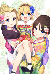 Rule 34 | 10s, 2017, 3girls, alternate hairstyle, ankle strap, black footwear, black hair, black hairband, blonde hair, blue eyes, bow, braid, carrying, clara (girls und panzer), commentary, crown braid, dress, earrings, floral print, flower, girl sandwich, girls und panzer, hair flower, hair ornament, hair up, hairband, high heels, japanese clothes, jewelry, katyusha (girls und panzer), kimono, large bow, light smile, long hair, looking at viewer, multicolored clothes, multicolored dress, multiple girls, nengajou, new year, nonna (girls und panzer), open mouth, pink dress, print dress, red dress, sandwiched, shoes, short hair, smile, socks, ssberit, standing, strappy heels, w, white legwear, yellow dress